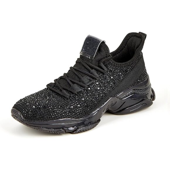 🆕 Women's Rhinestone Mesh Slip-On Walking Shoes Black Fabric Sparkle Glitter - Picture 1 of 9